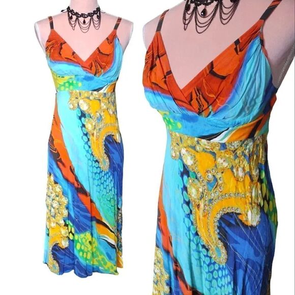 Jams World VTG Colorful Alize Midi Hawaiian Rayon Slip Sundress Small - Picture 1 of 14